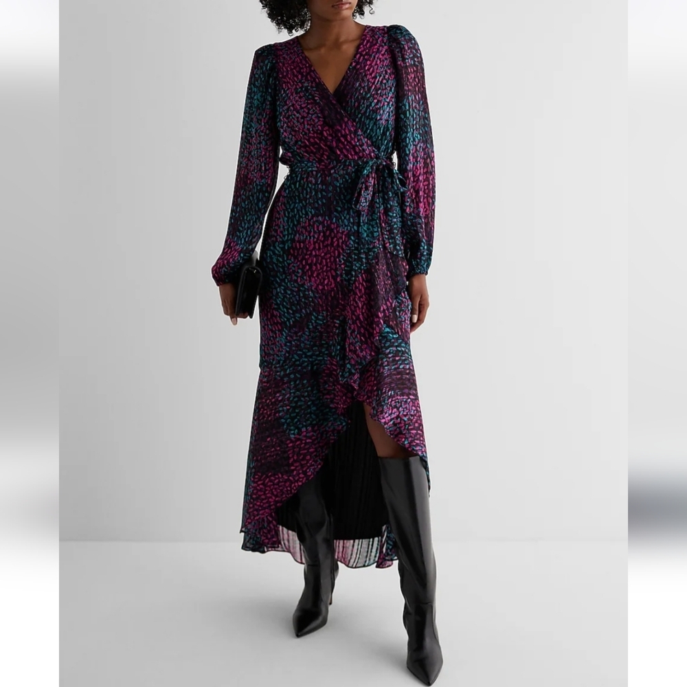 Express Long Sleeve Wrap Midi Dress in Purple & Teal Floral Print Size XS